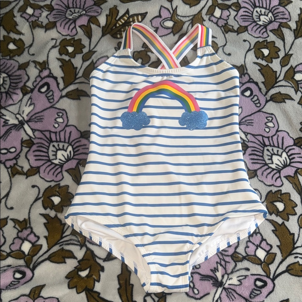 Hanna Andersson White & Blue Stripe One-Piece Swimsuit with Rainbow